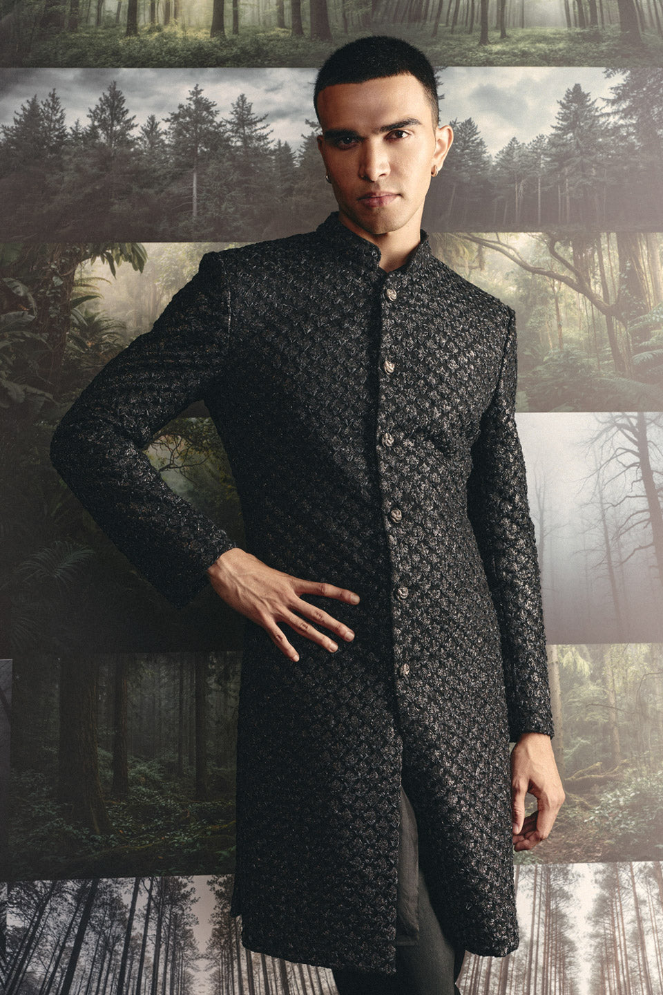 Black Highlighted Diamond Flower Sherwani  