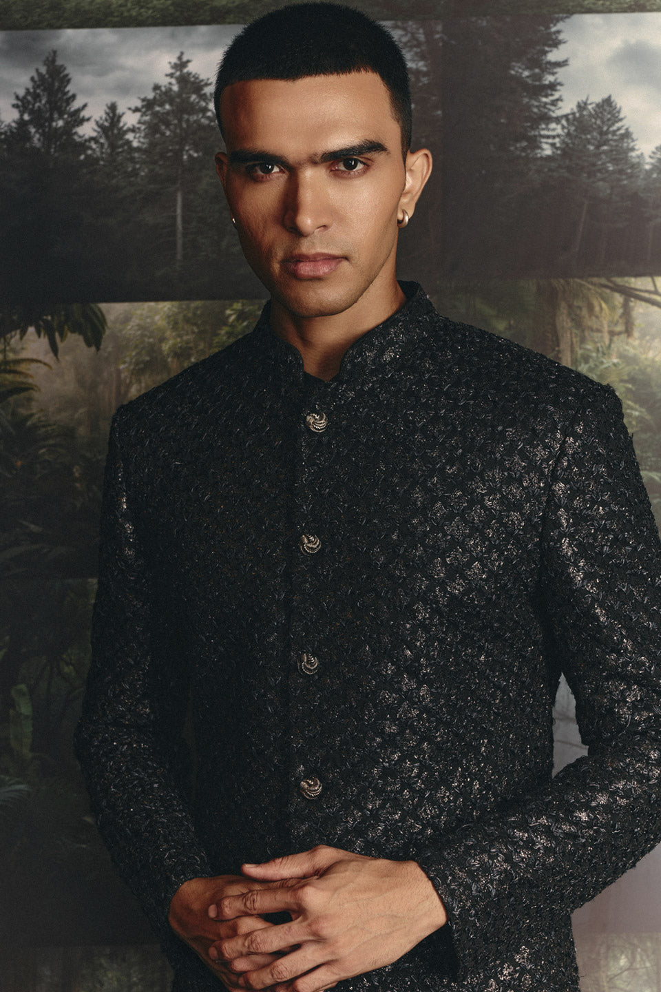 Black Highlighted Diamond Flower Sherwani  