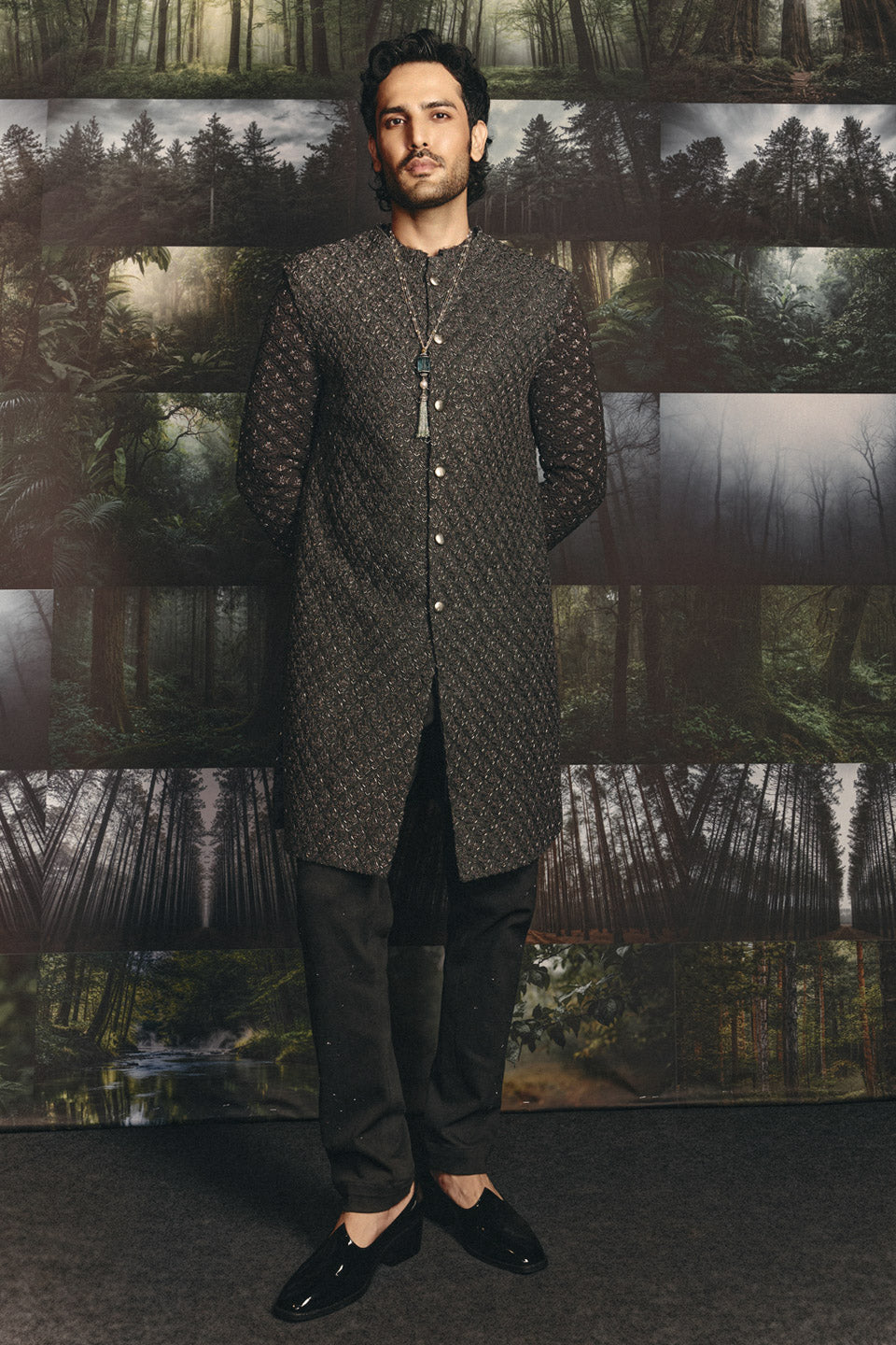 Fire coco color block Embroidered Sherwani  