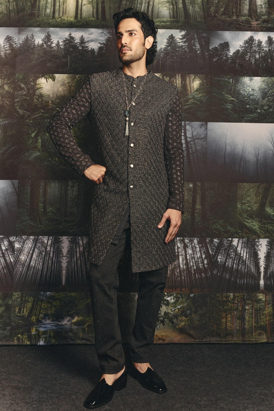 Fire coco color block Embroidered Sherwani  