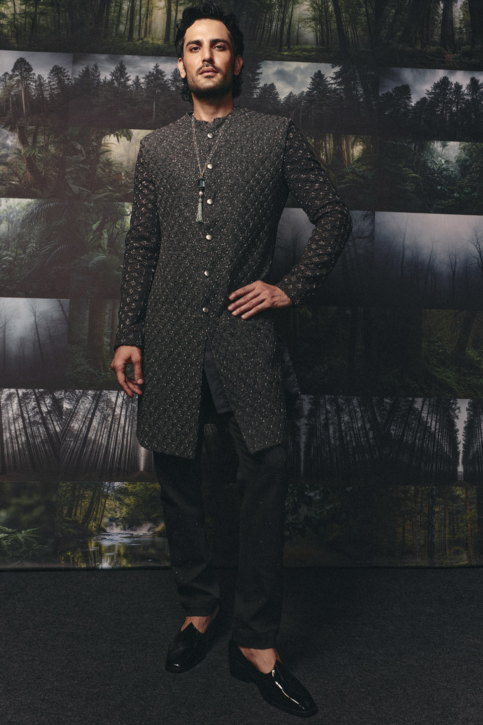 Fire coco color block Embroidered Sherwani  