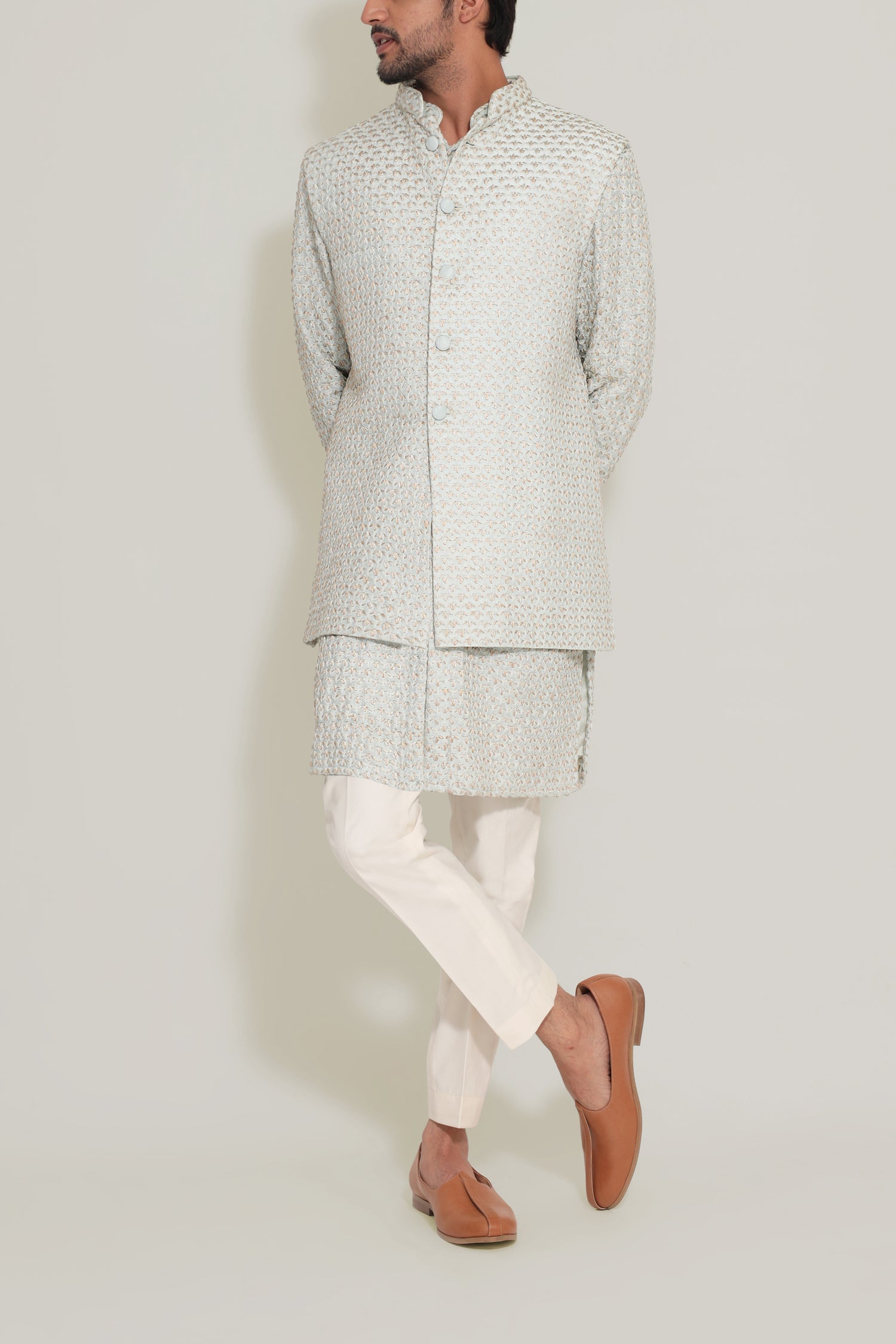  PLANT THREAD TWO-TONE ICE BLUE KURTA AND KOTI SET 