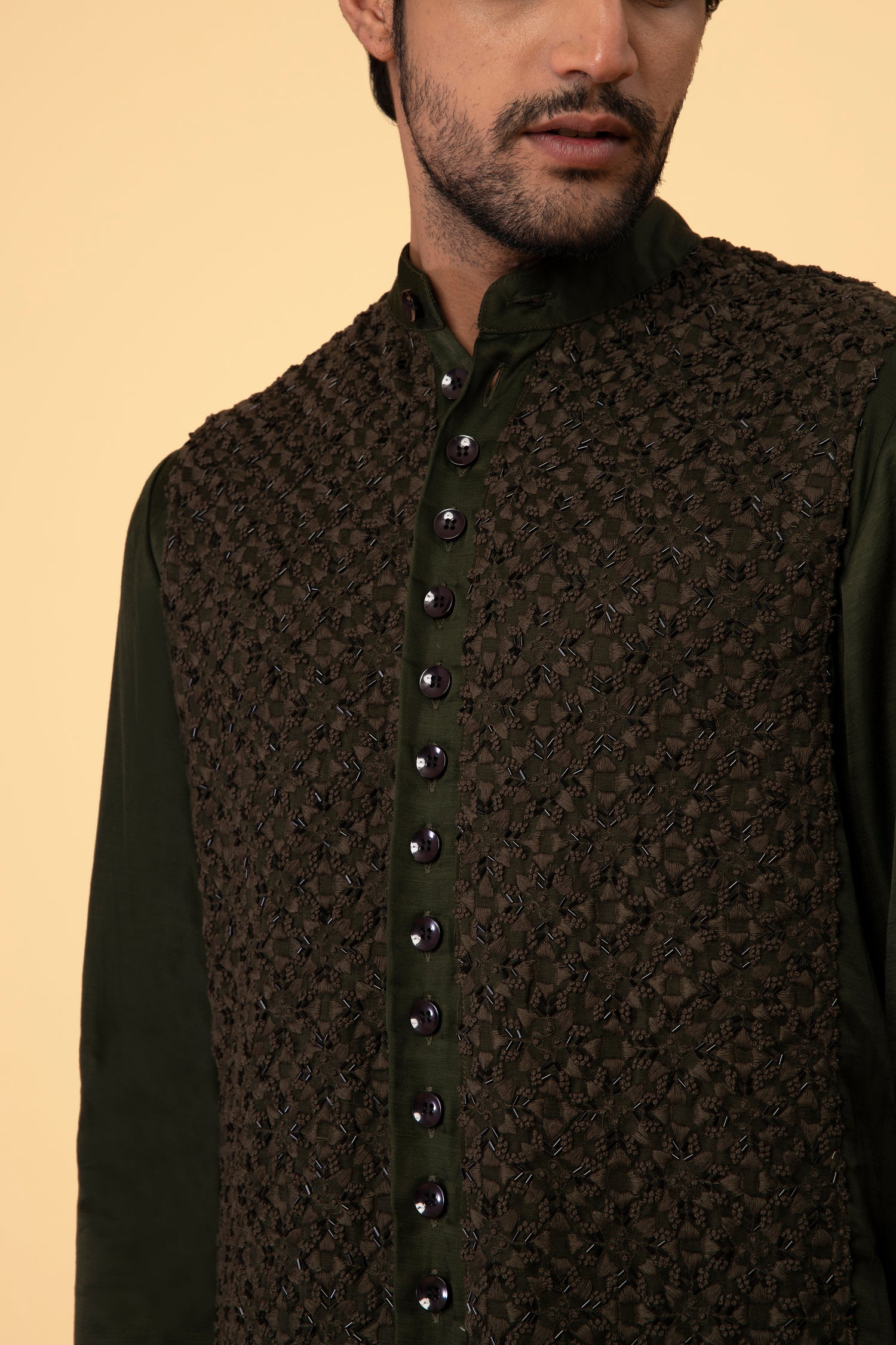 FOUR WAY ARROW CENTER BIB EMBROIDERED OLIVE KURTA  