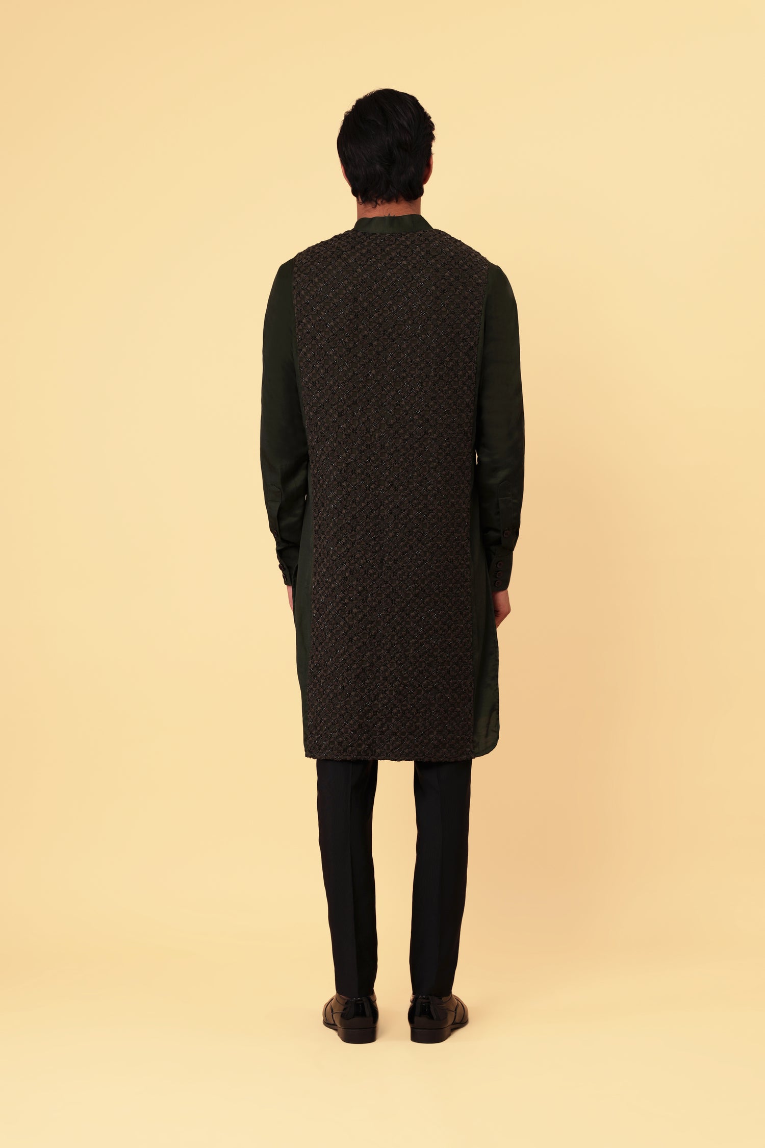 FOUR WAY ARROW CENTER BIB EMBROIDERED OLIVE KURTA  