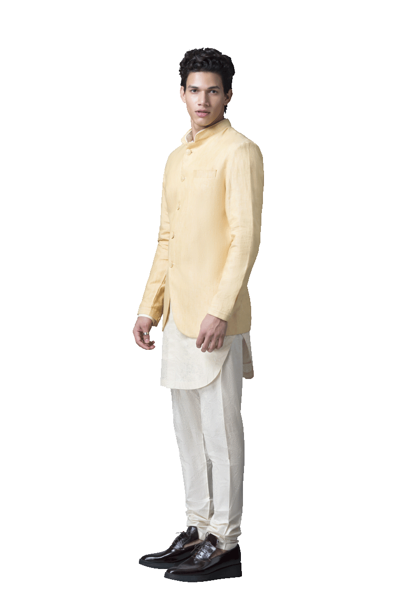 YELLOW LINEN BANDHGALA  