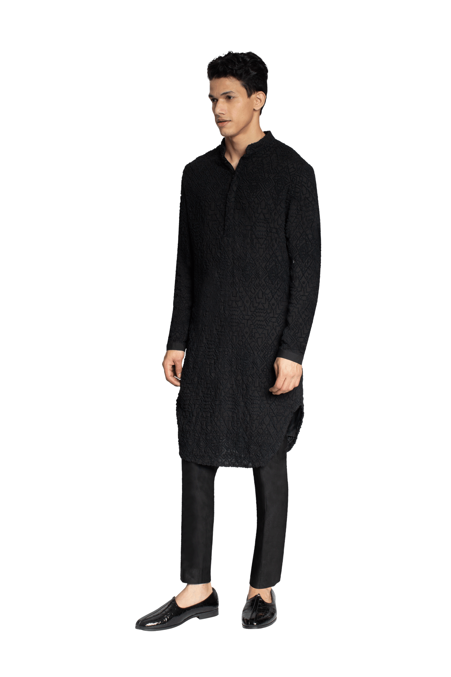 SINGLE GEOMETRIC KNOTTED BLACK KURTA  