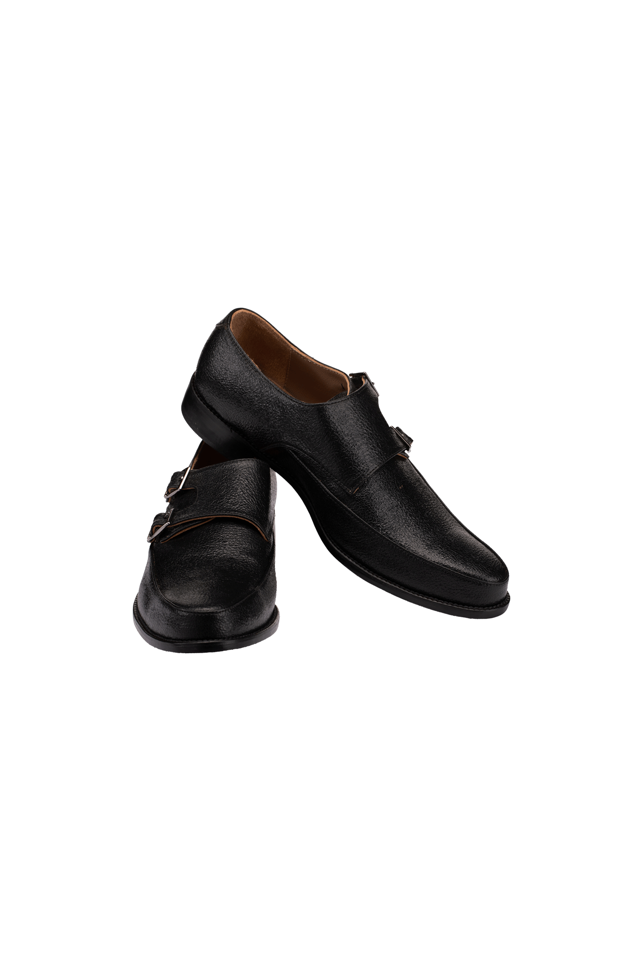 TEXTURED BLACK DOUBLE-STRAP MONK SHOES  