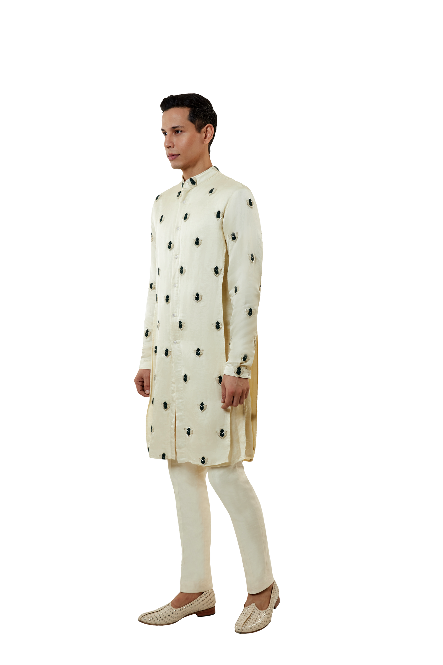 DOUBLE LAYERED KURTA WITH GREEN FRENCH KNOT MOTIF  