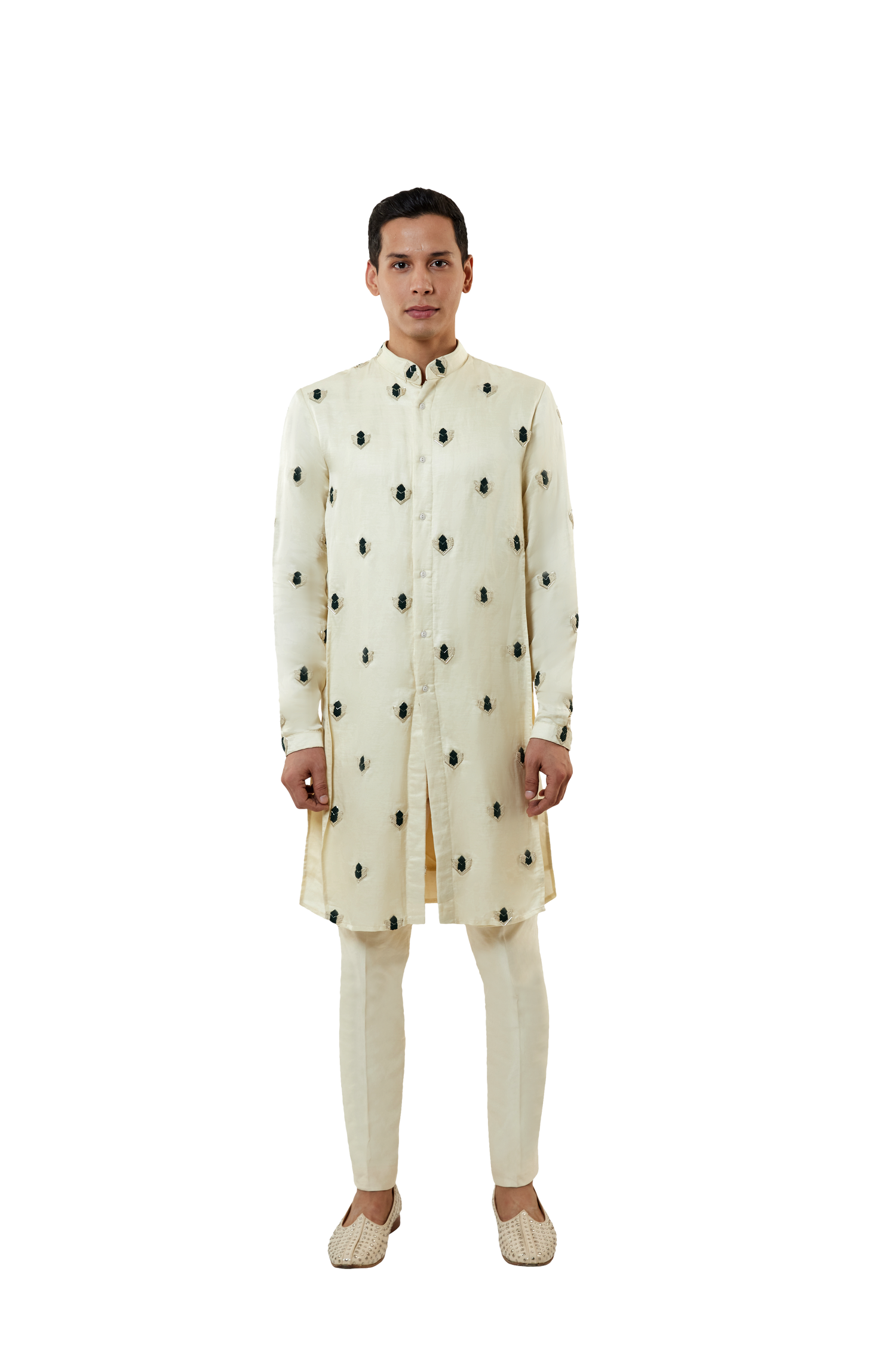  DOUBLE LAYERED KURTA WITH GREEN FRENCH KNOT MOTIF 