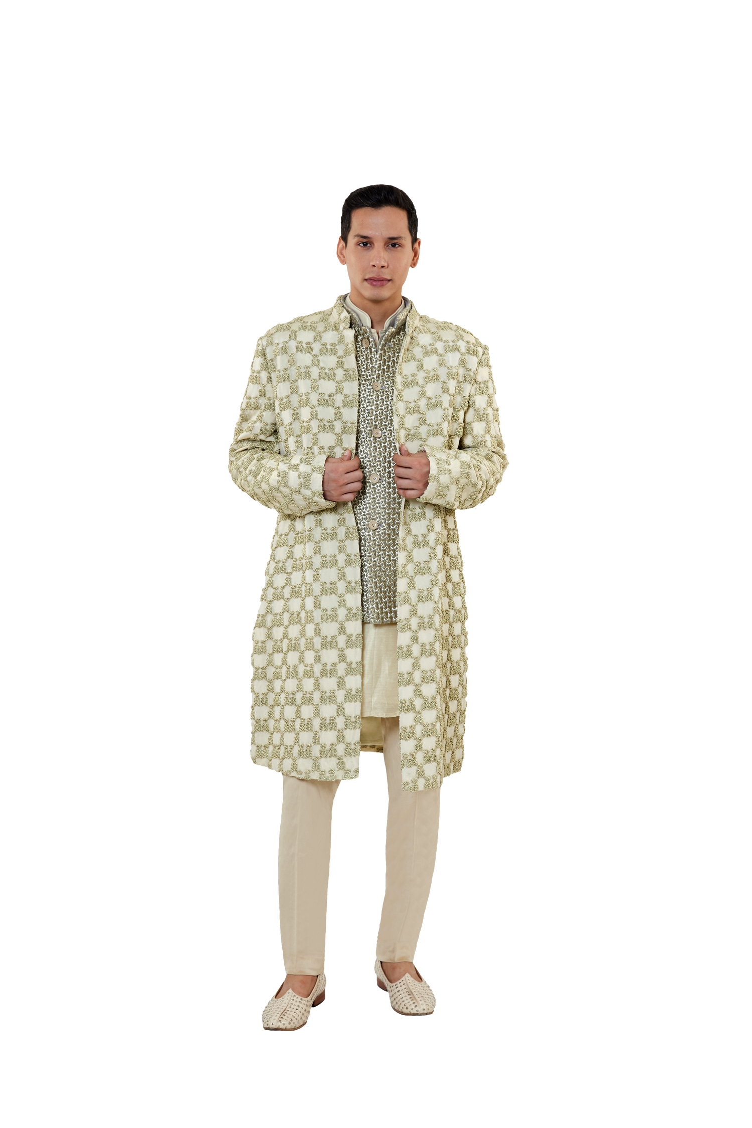  CURVED GEOMETRIC LUREX KNOTTED OPEN JACKET 