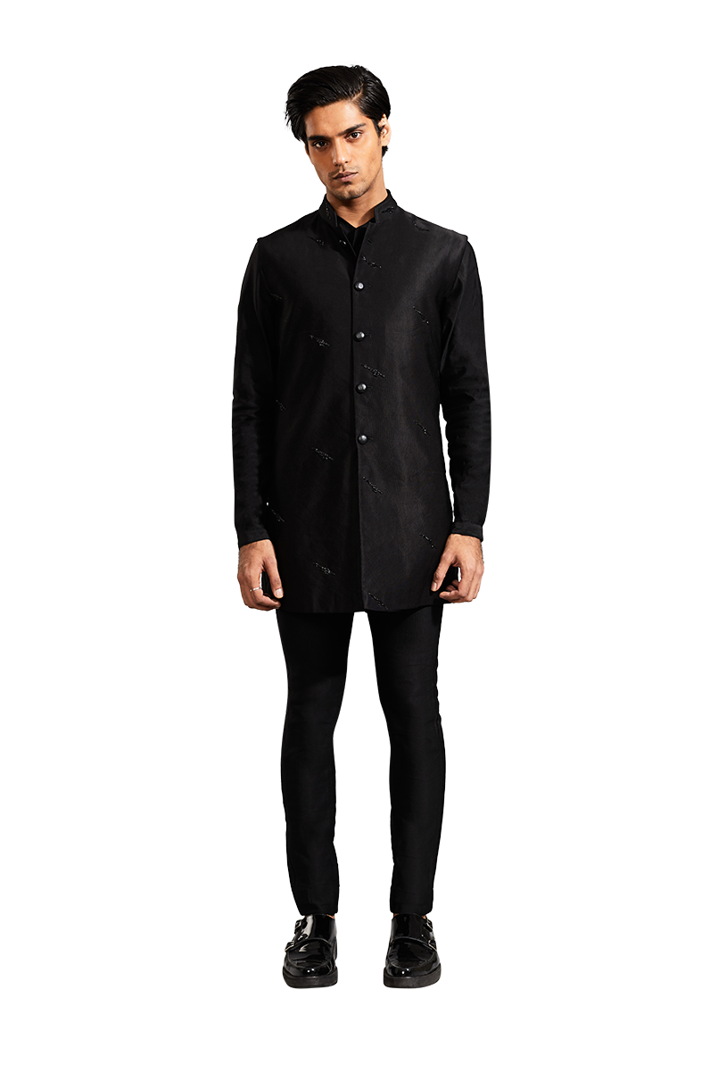  SLANT BIRD HIGHLIGHTED BLACK SLEEVELESS JACKET 