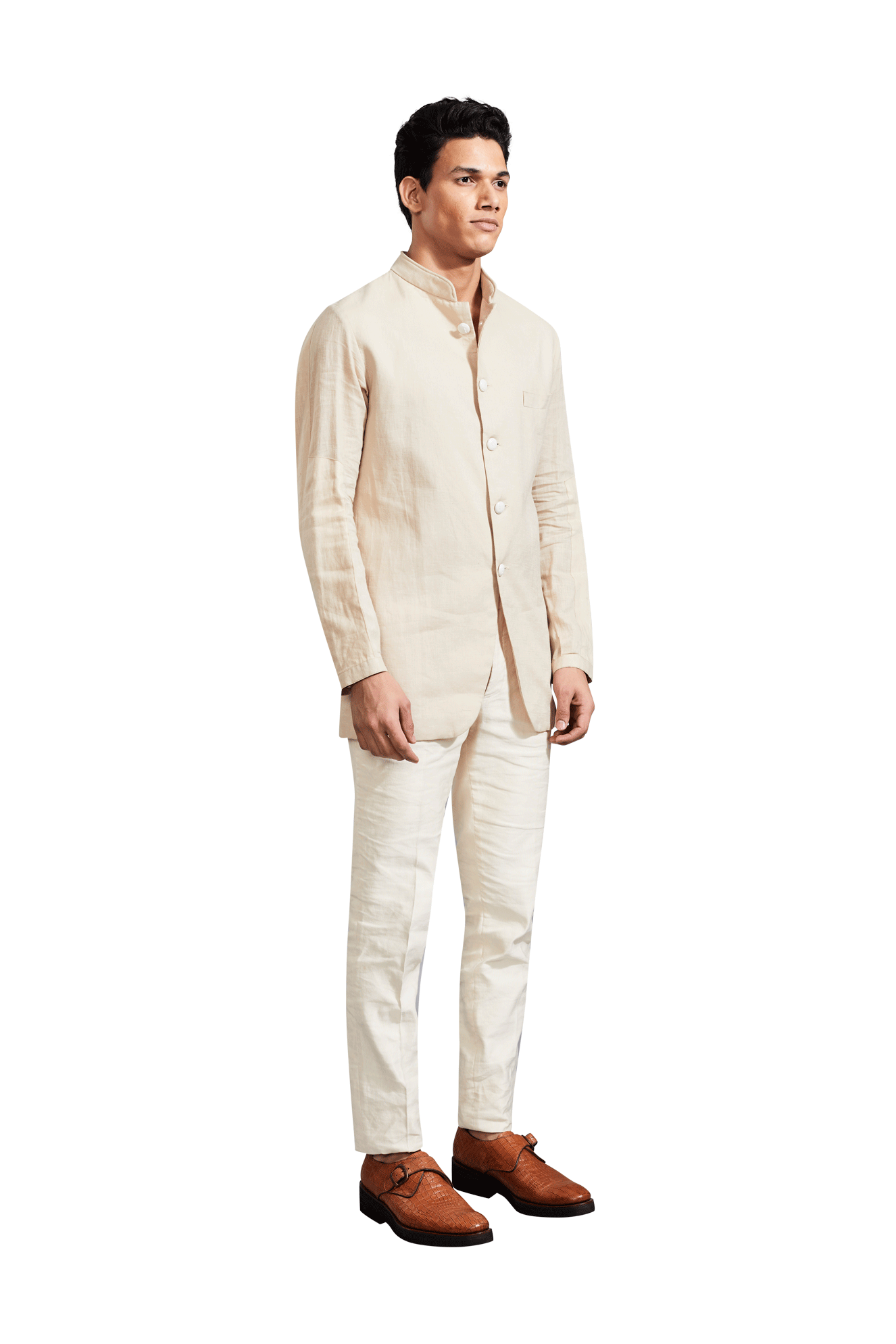 BEIGE LINEN BANDHGALA  