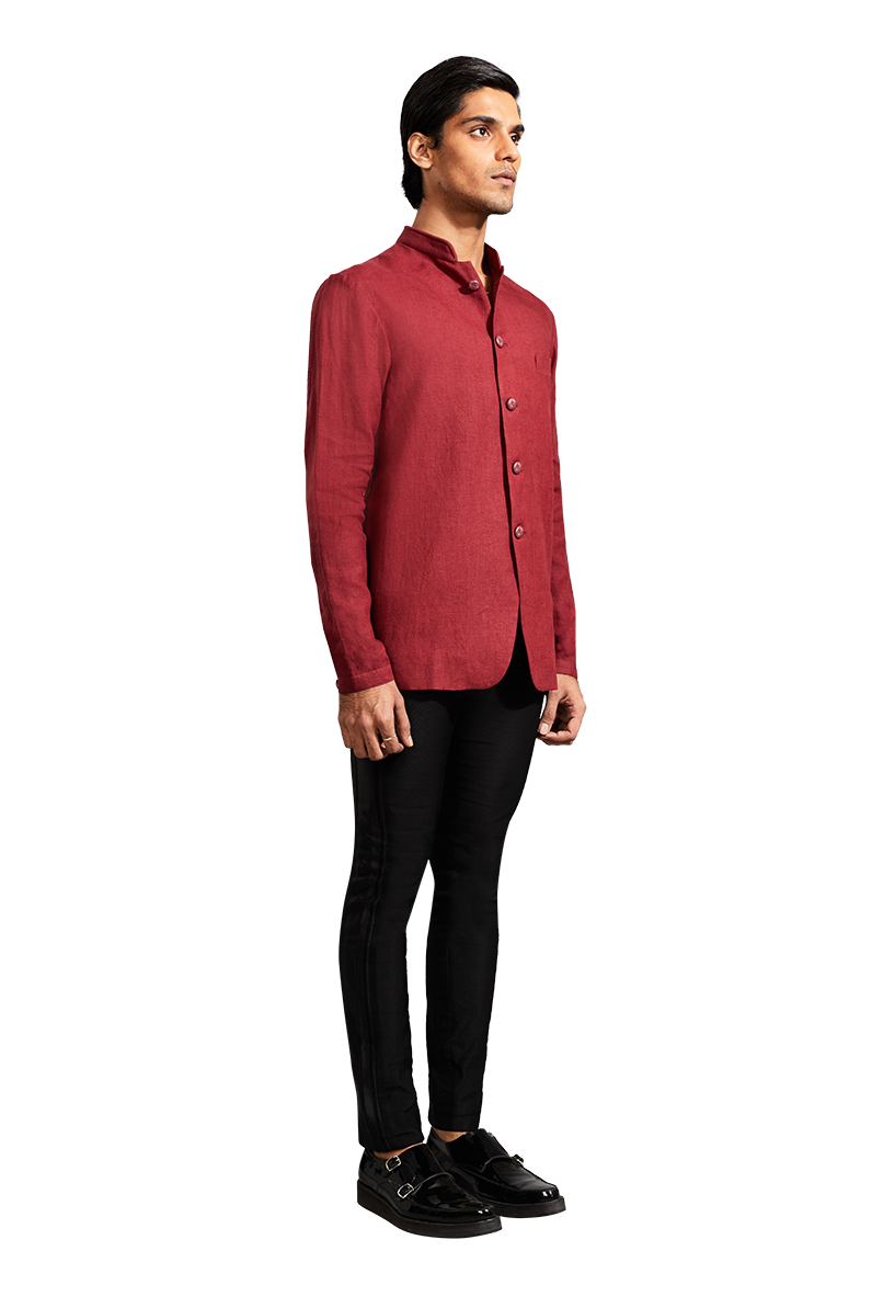 MAROON LINEN BANDHGALA  