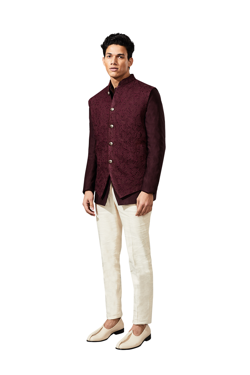 MICRO FOLIAGE SLEEVELESS WINE JACKET  